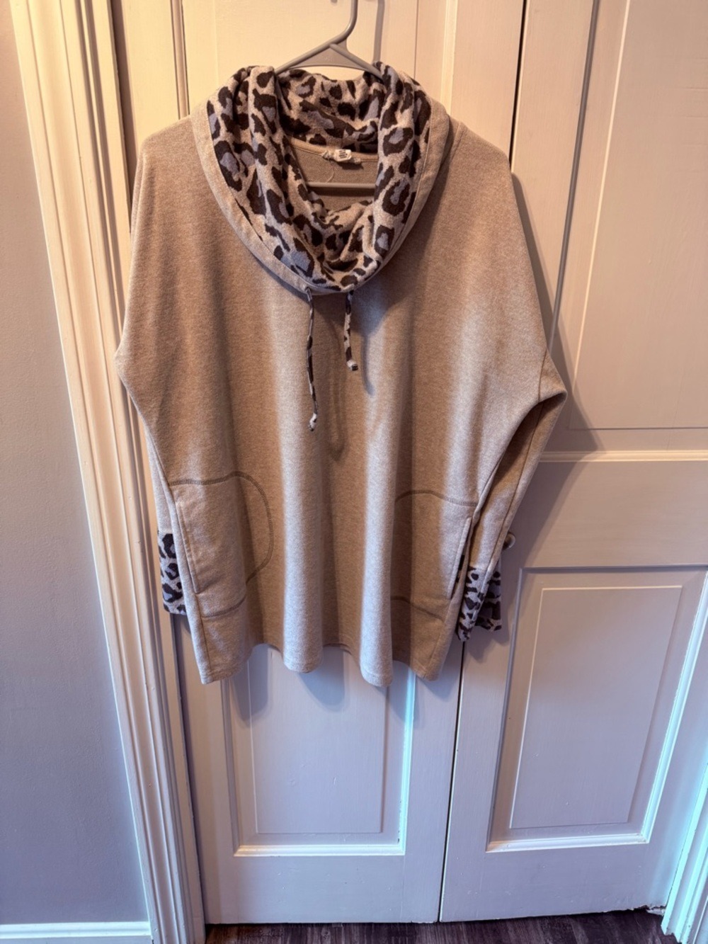 Tribal Jeans Taupe Cowl-Neck Sweater with Leopard-Trim Accents
